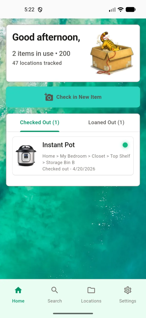 Where The Bleep home dashboard showing item check-in and tracking